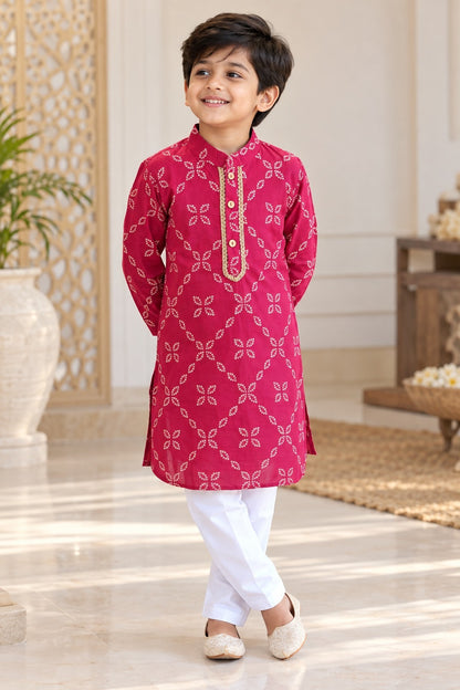 Bandhej printed, Yoke design, Rani Pink Colored kurta -Pyjama set