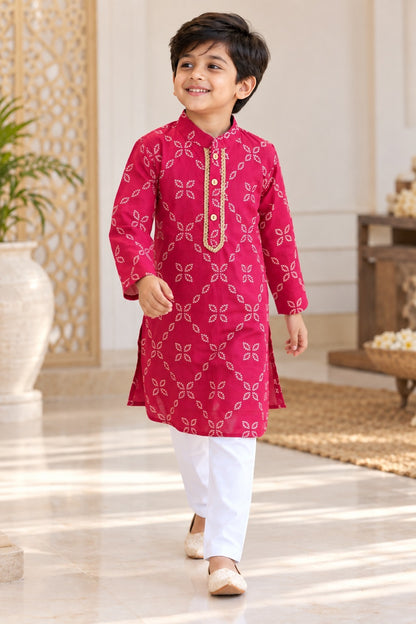 Bandhej printed, Yoke design, Rani Pink Colored kurta -Pyjama set