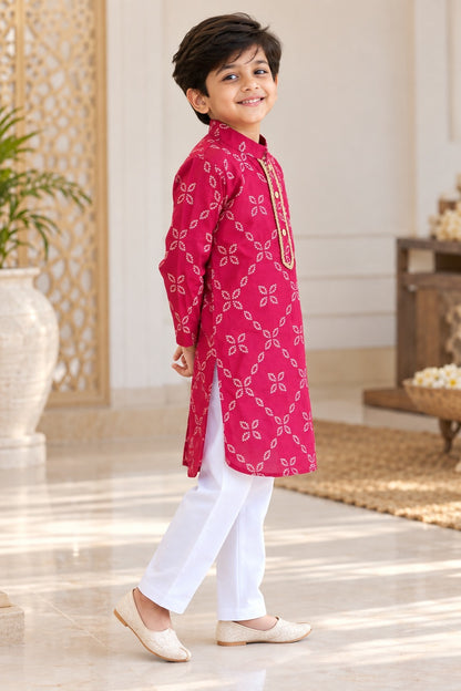 Bandhej printed, Yoke design, Rani Pink Colored kurta -Pyjama set