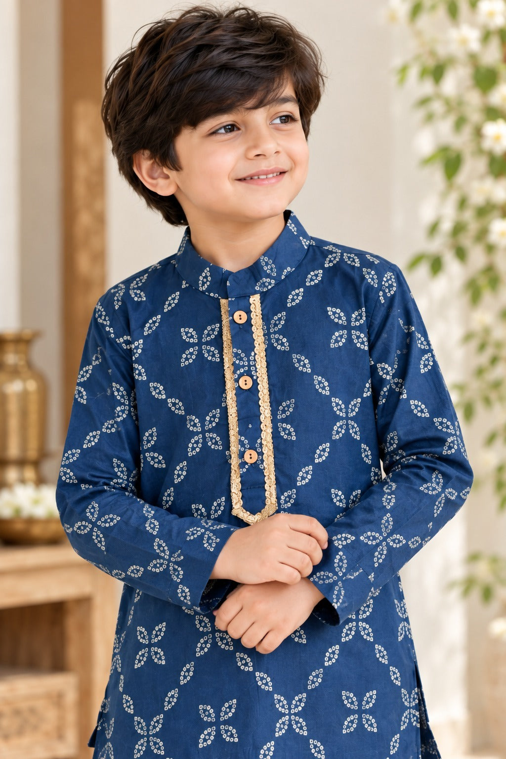 Bandhej printed, Yoke design, Navy Blue Colored kurta -Pyjama set
