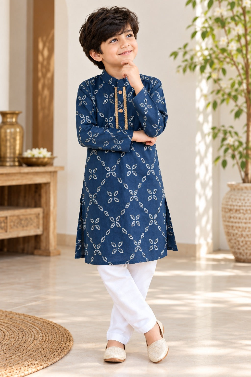 Bandhej printed, Yoke design, Navy Blue Colored kurta -Pyjama set