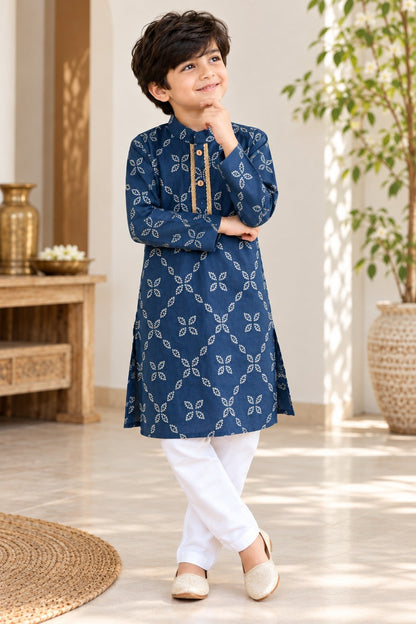 Bandhej printed, Yoke design, Navy Blue Colored kurta -Pyjama set