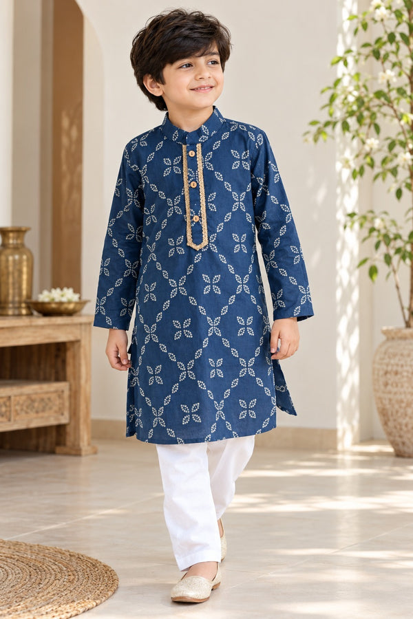 Bandhej printed, Yoke design, Navy Blue Colored kurta -Pyjama set