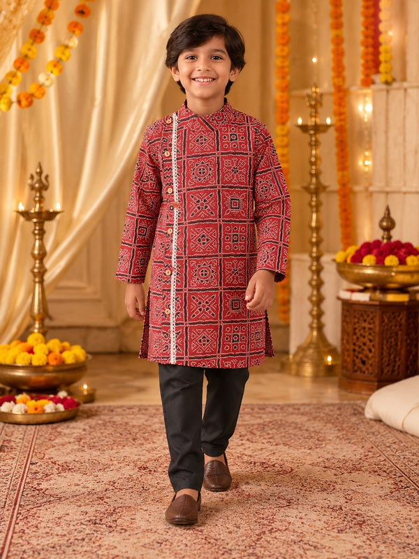 Bandhej printed, Mehroon colored side button kurta -Pyjama set