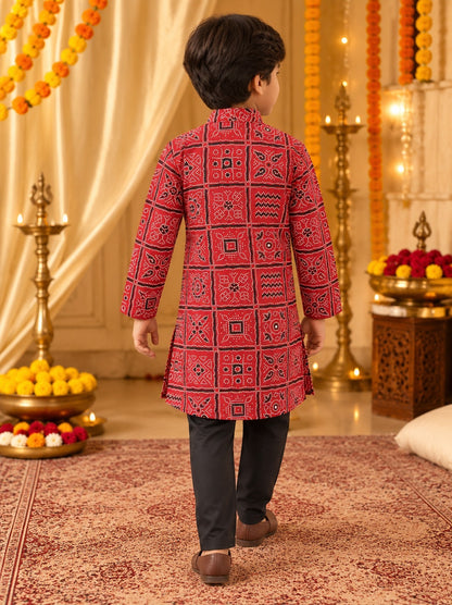 Bandhej printed, Mehroon colored side button kurta -Pyjama set