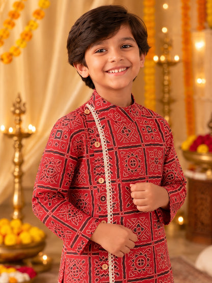 Bandhej printed, Mehroon colored side button kurta -Pyjama set