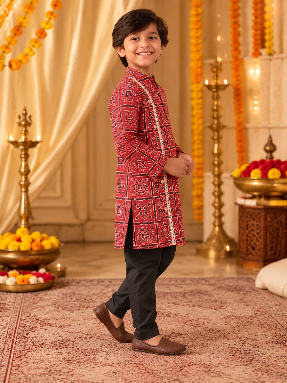 Bandhej printed, Mehroon colored side button kurta -Pyjama set