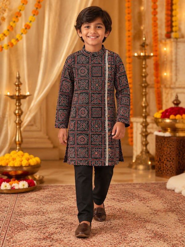 Bandhej printed, Black colored side button kurta -Pyjama set