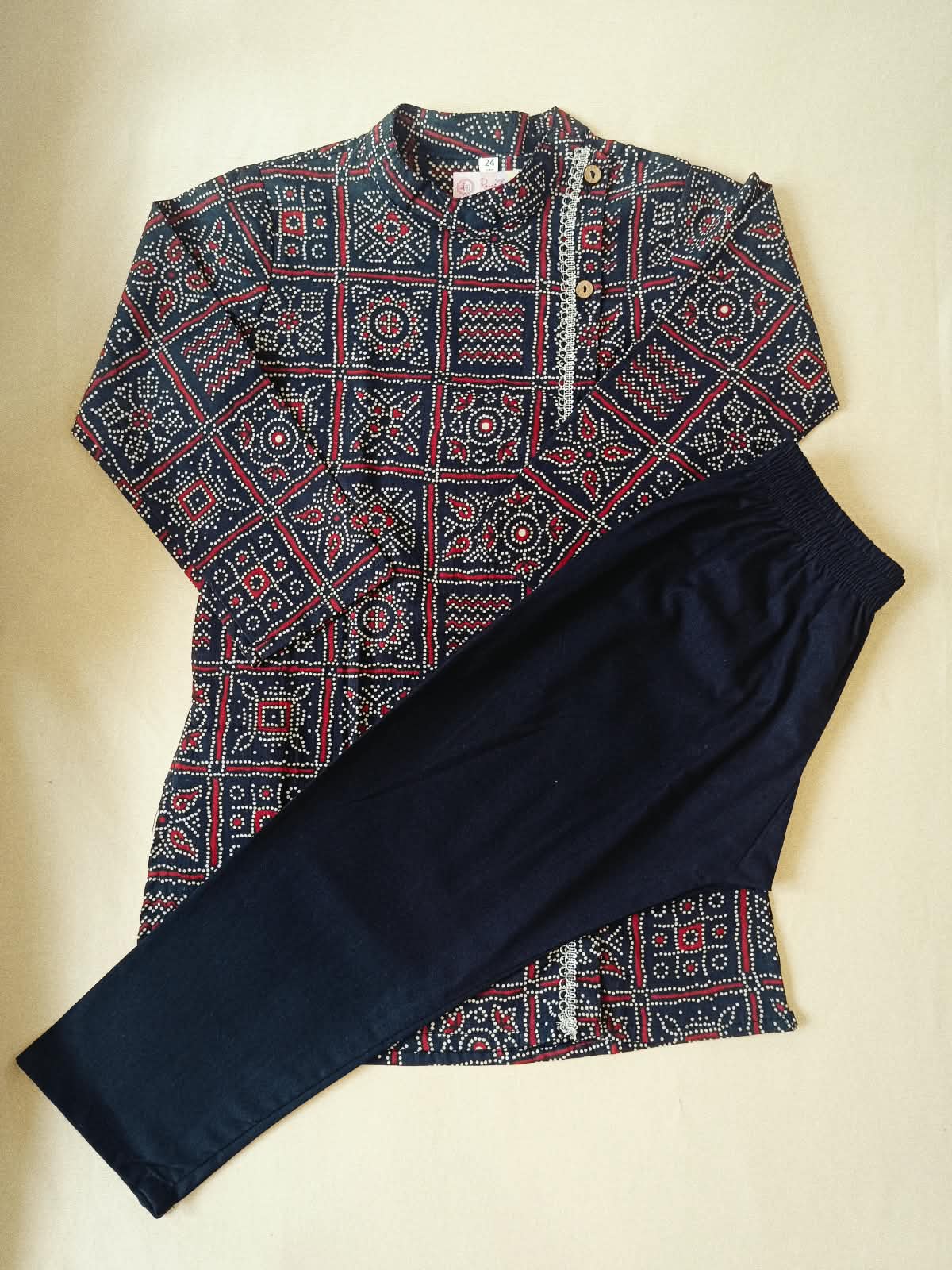 Bandhej printed, Black colored side button kurta -Pyjama set