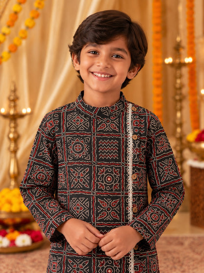 Bandhej printed, Black colored side button kurta -Pyjama set