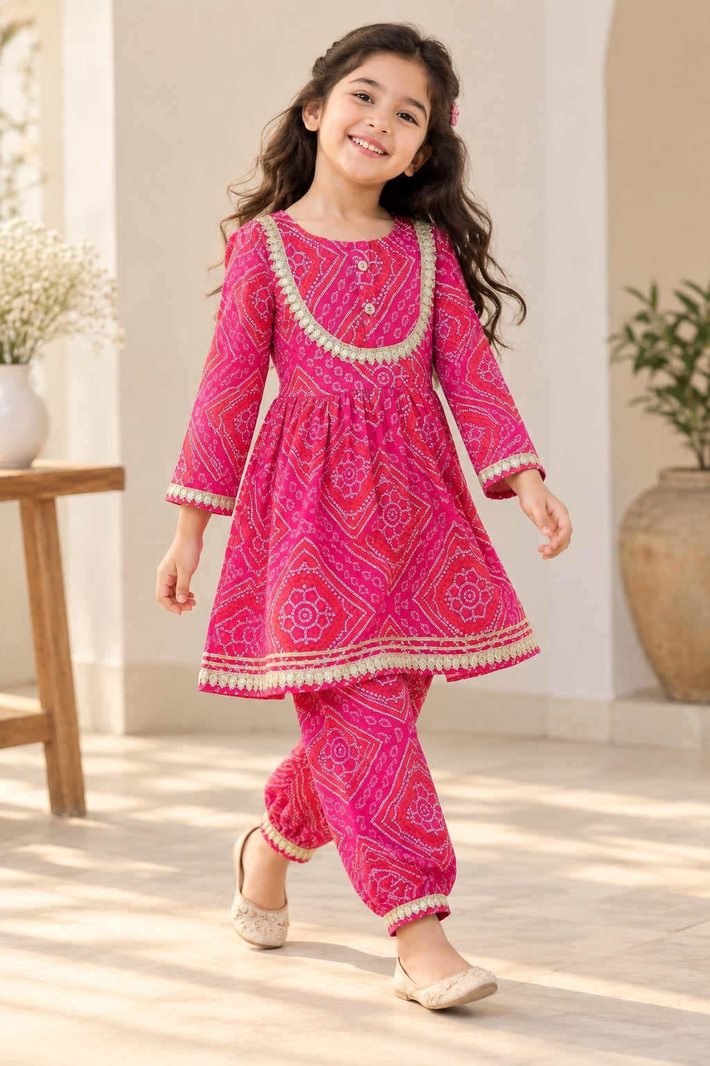 Rani Pink Bandhej Anarkali suit with Afghani Salwar