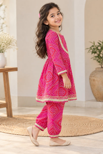 Rani Pink Bandhej Anarkali suit with Afghani Salwar