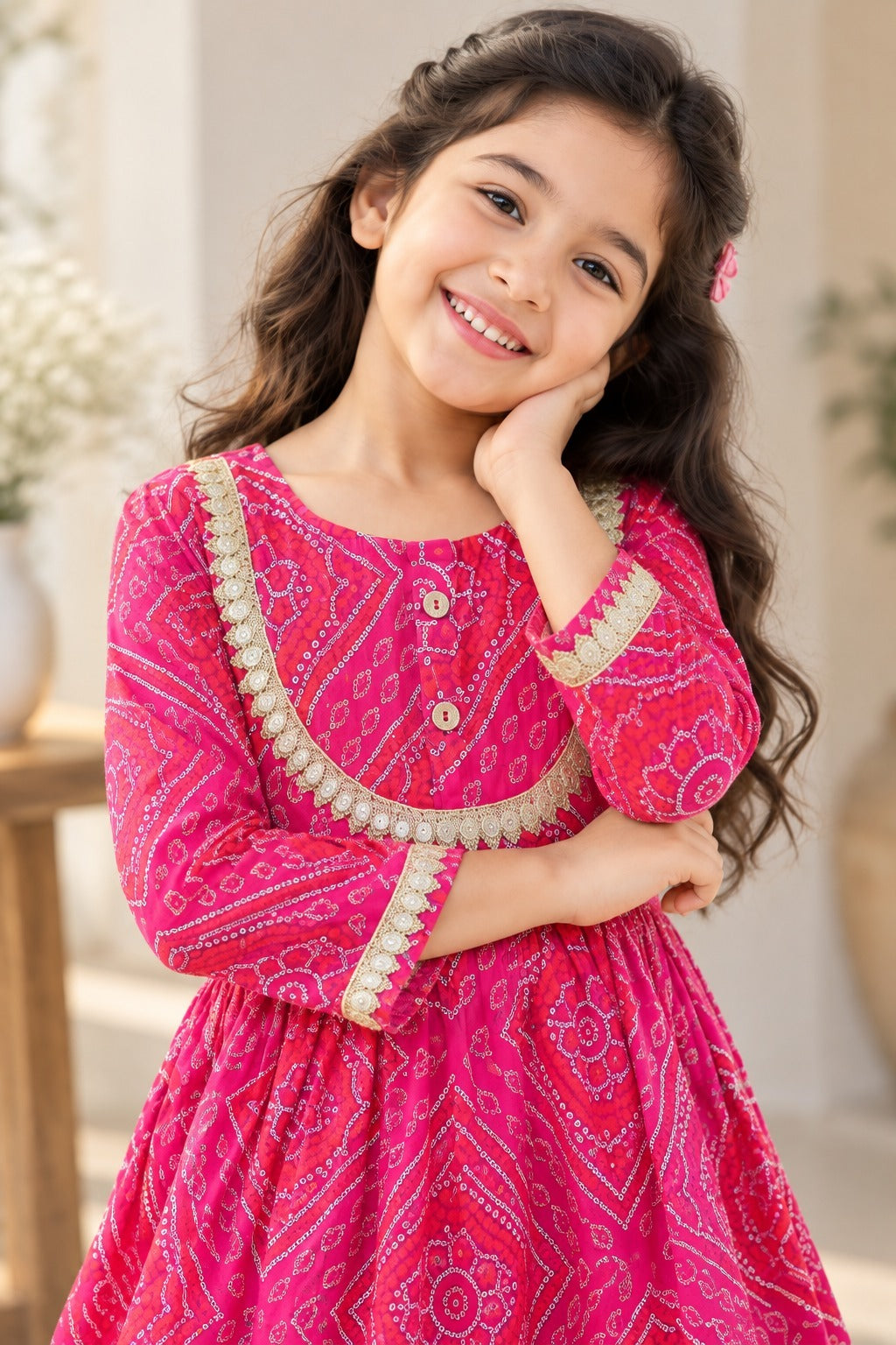 Rani Pink Bandhej Anarkali suit with Afghani Salwar