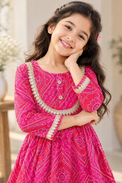 Rani Pink Bandhej Anarkali suit with Afghani Salwar