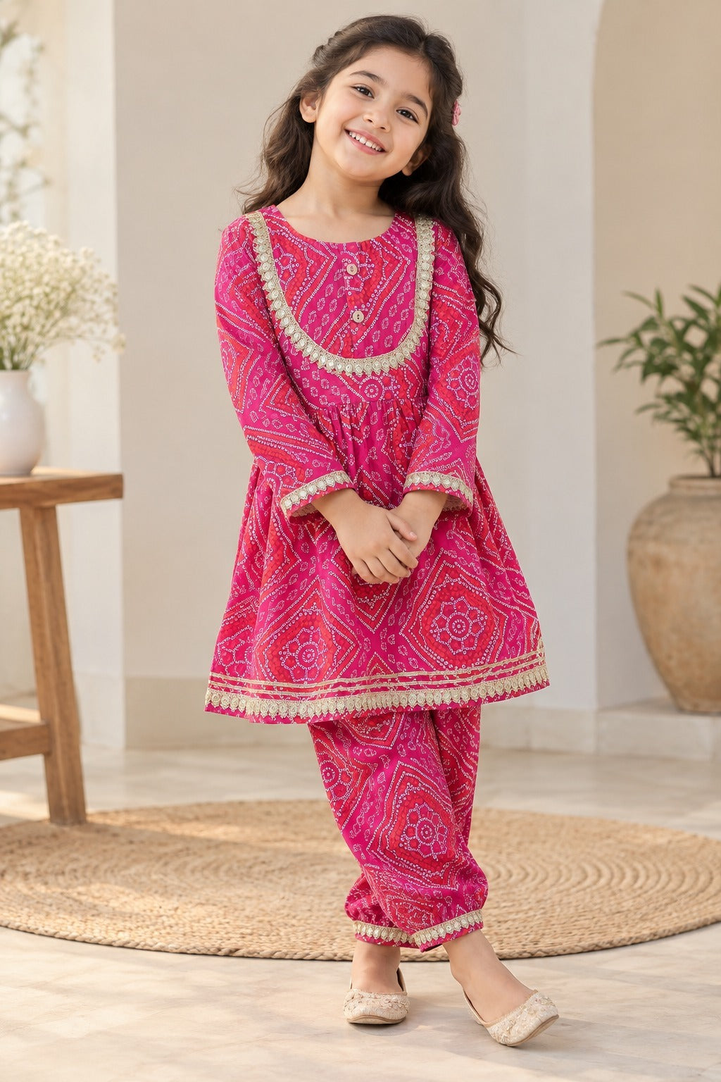Rani Pink Bandhej Anarkali suit with Afghani Salwar