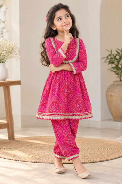 Rani Pink Bandhej Anarkali suit with Afghani Salwar