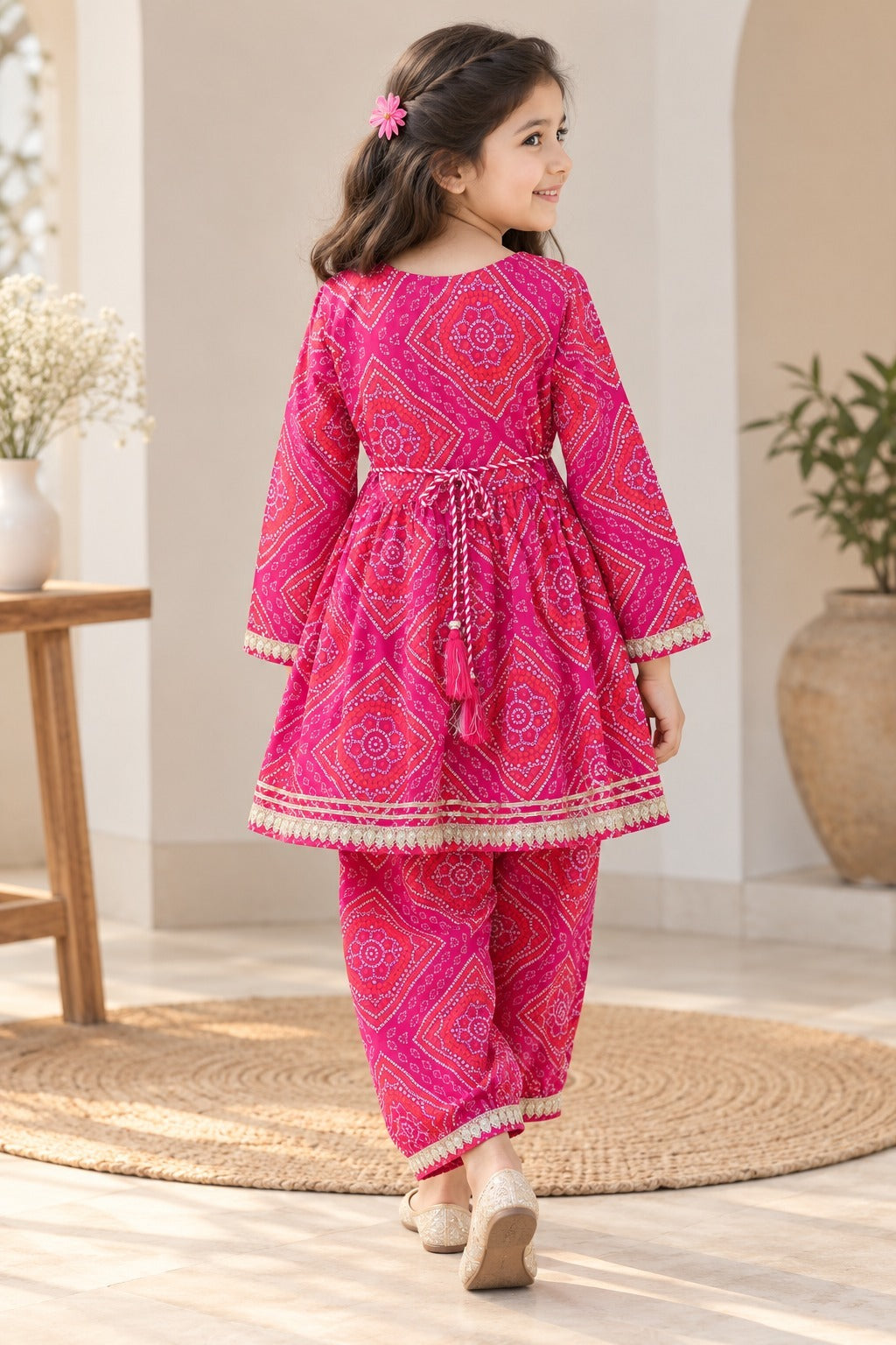 Rani Pink Bandhej Anarkali suit with Afghani Salwar