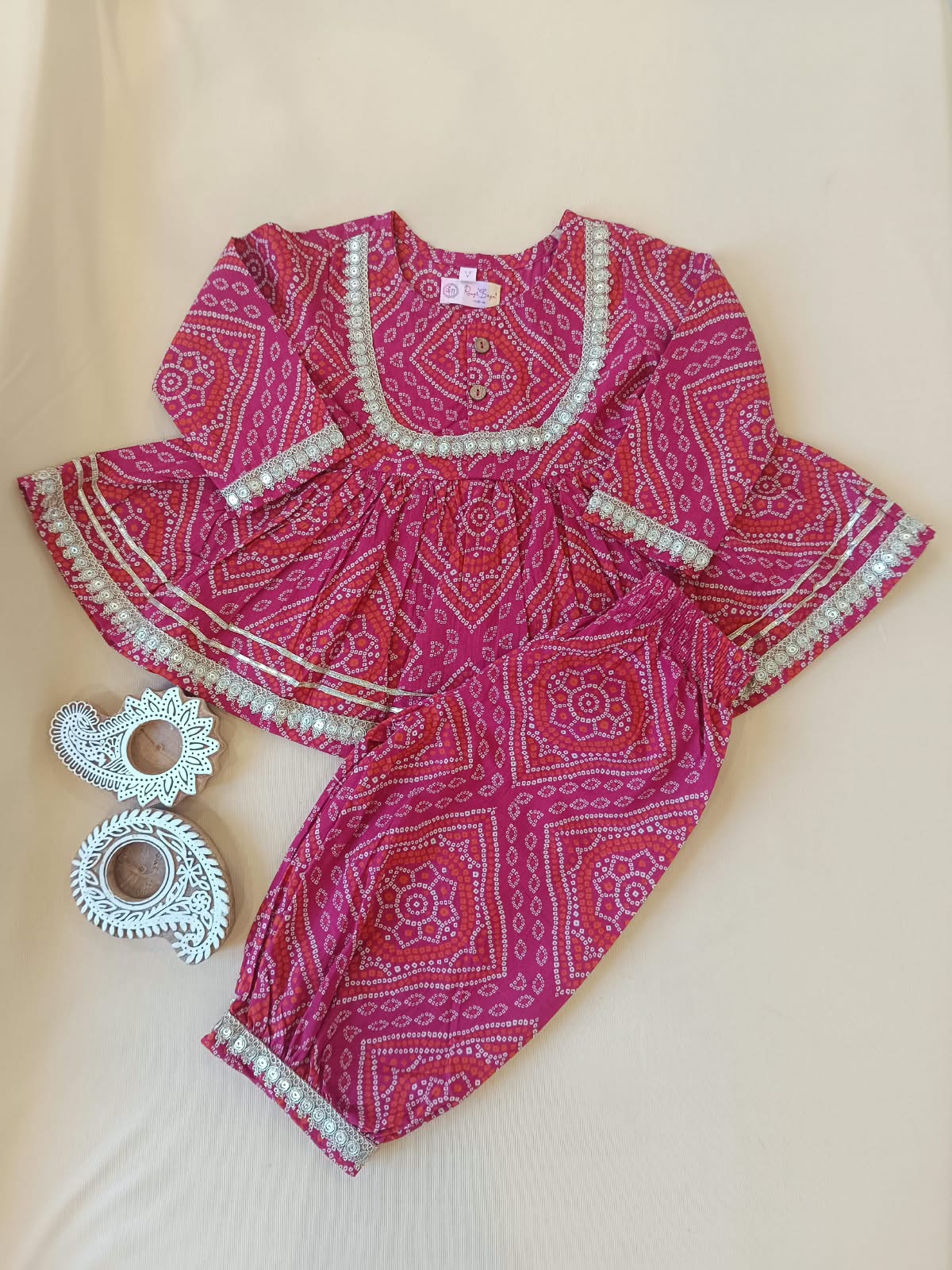 Rani Pink Bandhej Anarkali suit with Afghani Salwar