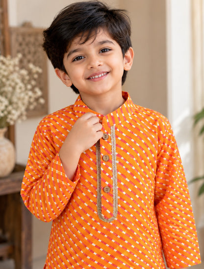 Leheriya printed, Yoke design, Orange Colored kurta -Pyjama set