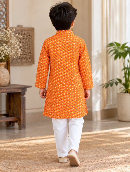 Leheriya printed, Yoke design, Orange Colored kurta -Pyjama set