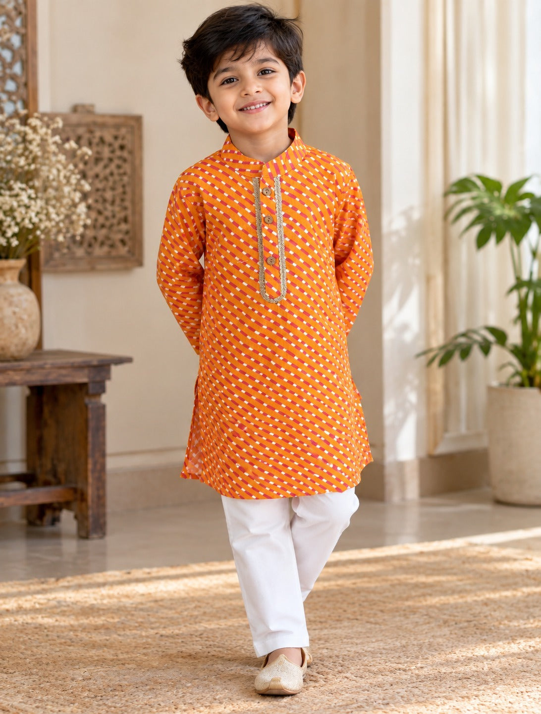Leheriya printed, Yoke design, Orange Colored kurta -Pyjama set