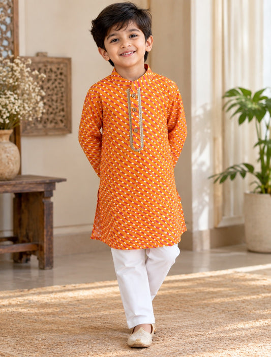 Leheriya printed, Yoke design, Orange Colored kurta -Pyjama set