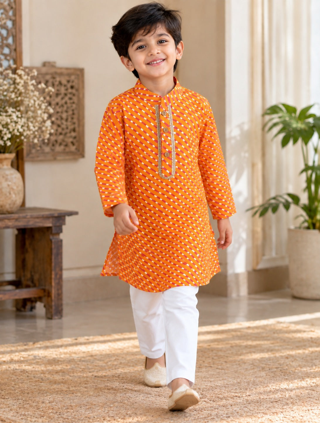 Leheriya printed, Yoke design, Orange Colored kurta -Pyjama set
