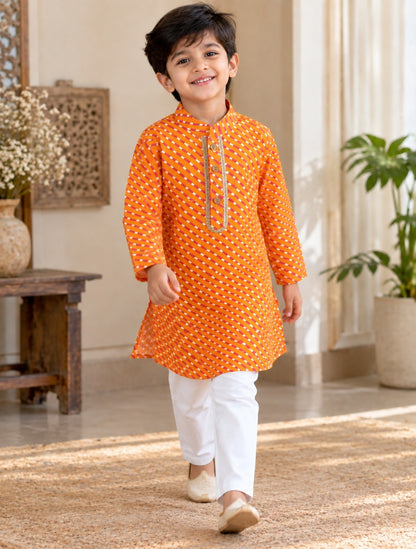Leheriya printed, Yoke design, Orange Colored kurta -Pyjama set
