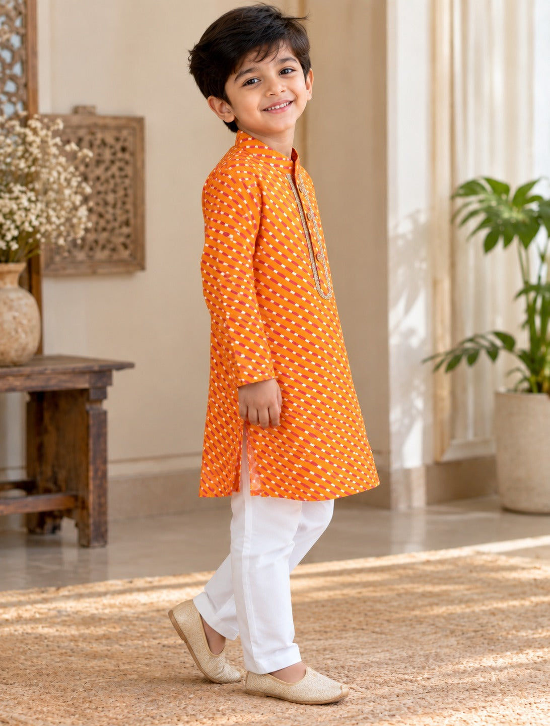 Leheriya printed, Yoke design, Orange Colored kurta -Pyjama set