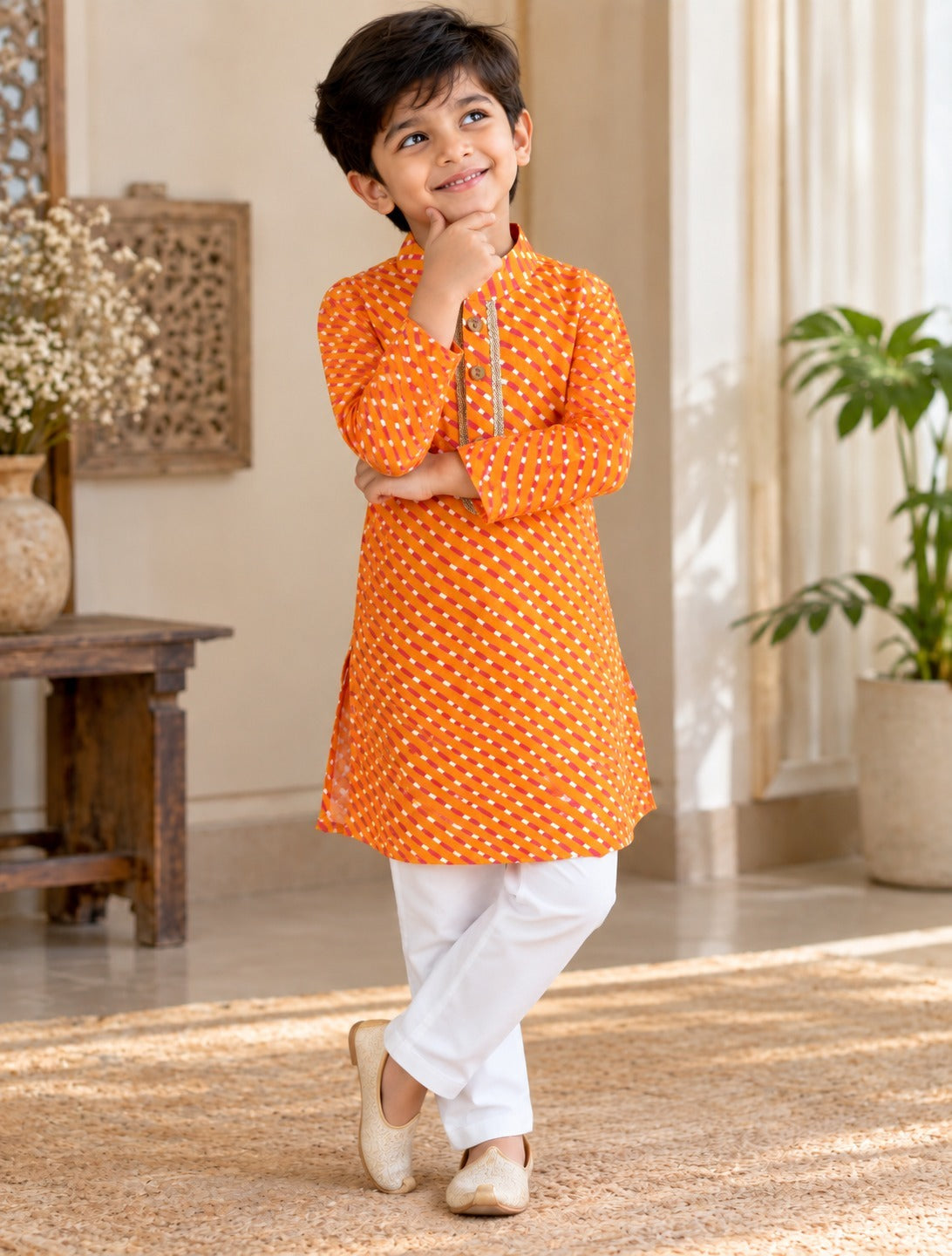 Leheriya printed, Yoke design, Orange Colored kurta -Pyjama set