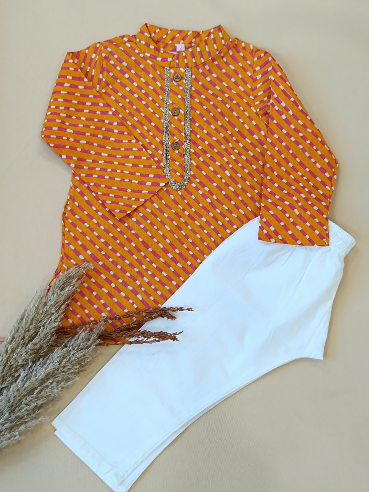 Leheriya printed, Yoke design, Orange Colored kurta -Pyjama set