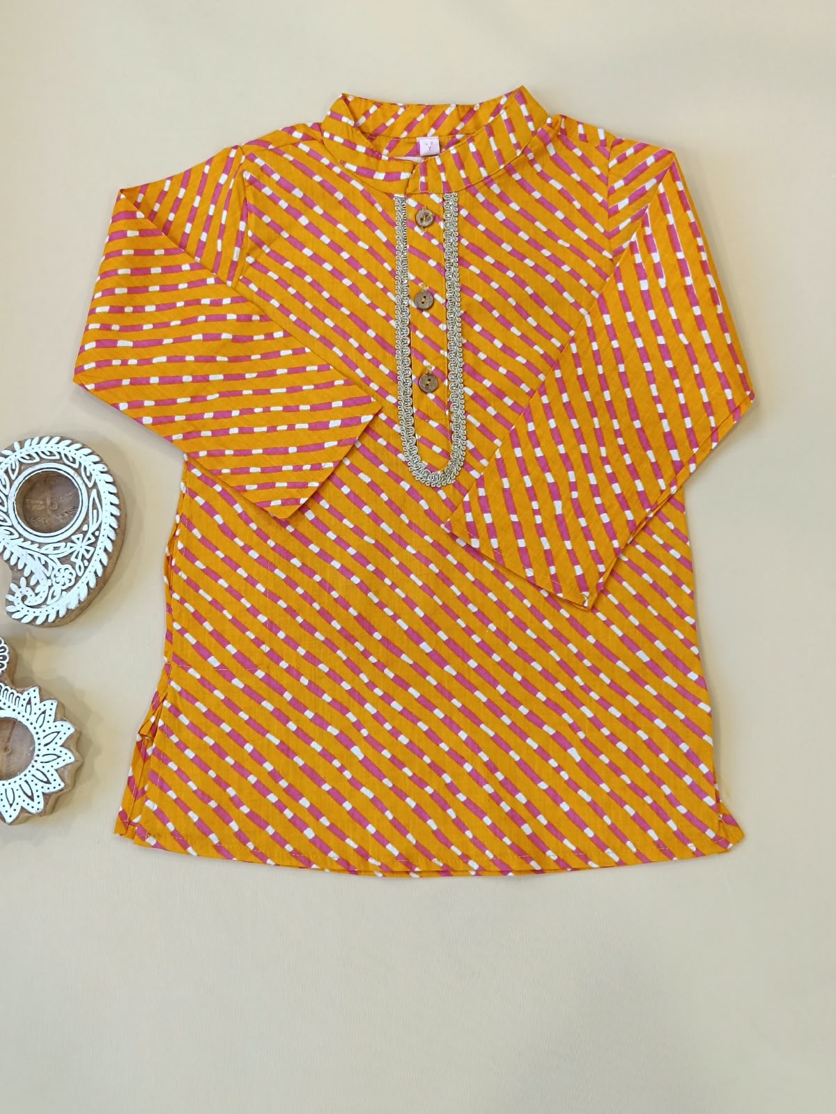 Leheriya printed, Yoke design, Orange Colored kurta -Pyjama set