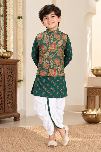Green block printed Jacket with Kurta -Dhoti
