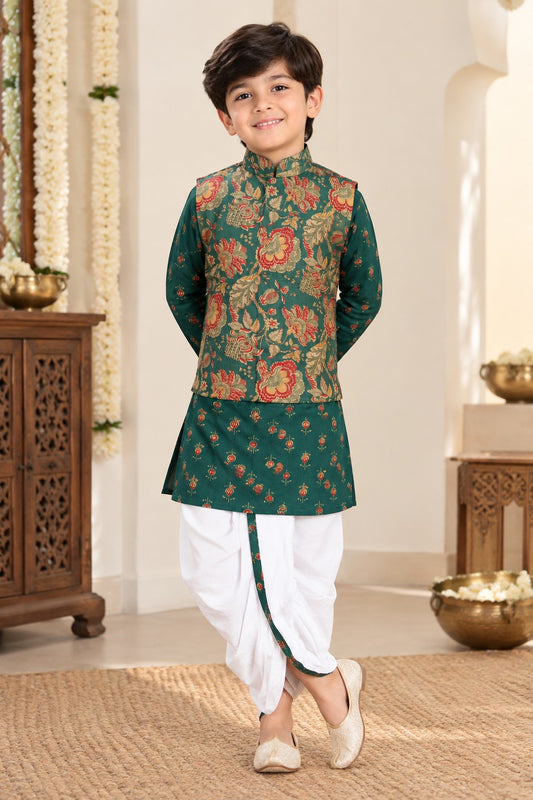 Green block printed Jacket with Kurta -Dhoti