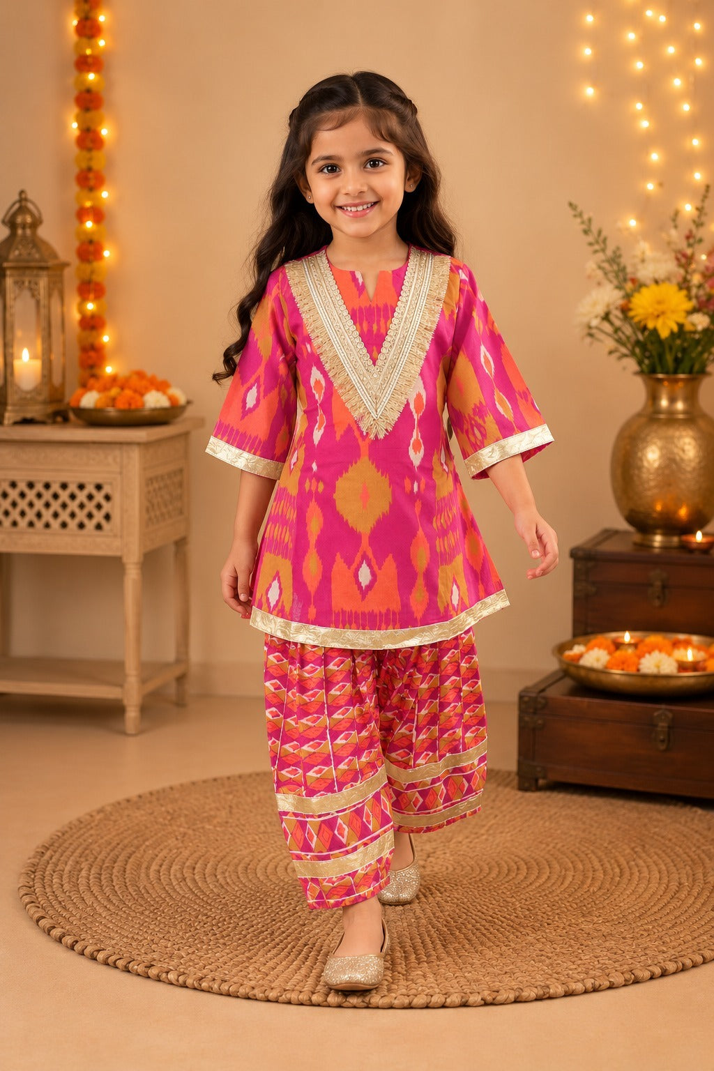 Ikkat print, Rani Pink Colored, A- Line Kurti with Farshi Salwar