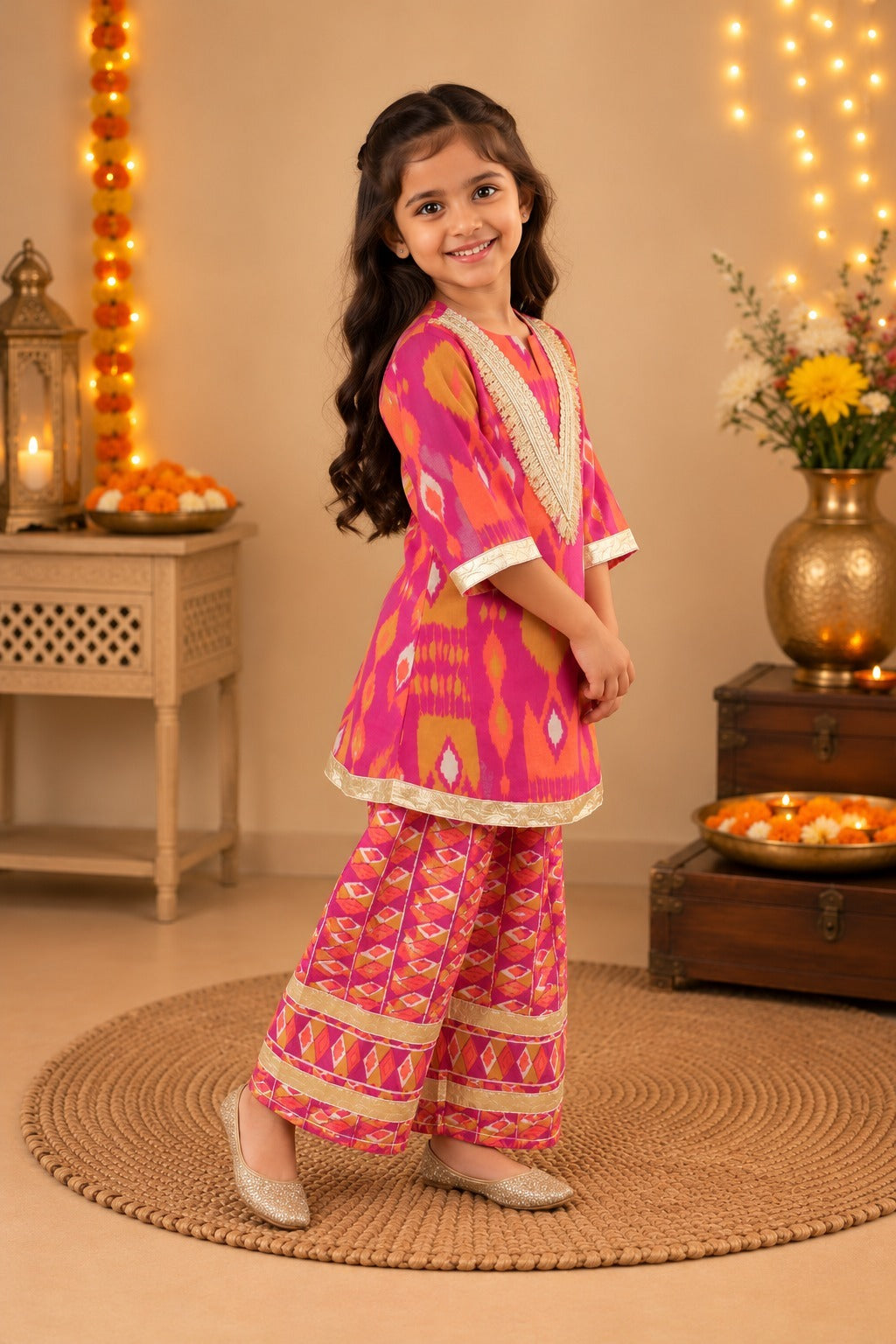Ikkat print, Rani Pink Colored, A- Line Kurti with Farshi Salwar