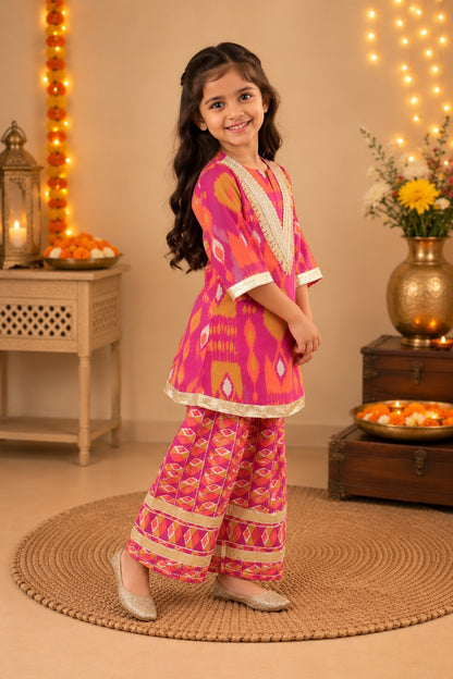 Ikkat print, Rani Pink Colored, A- Line Kurti with Farshi Salwar