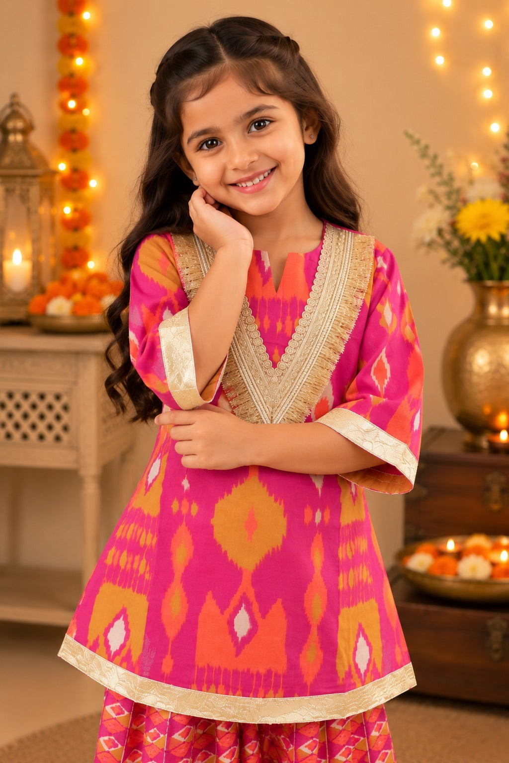Ikkat print, Rani Pink Colored, A- Line Kurti with Farshi Salwar