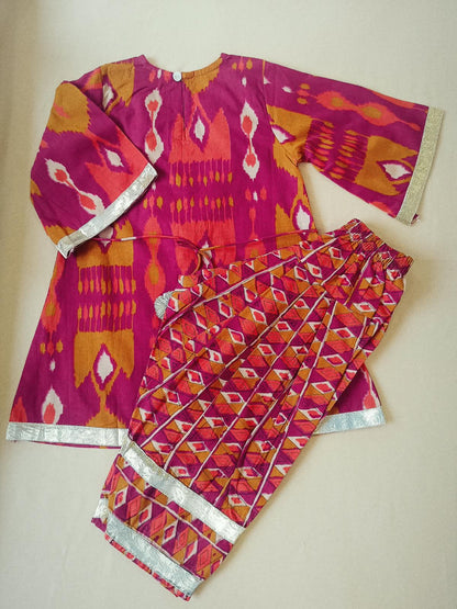 Ikkat print, Rani Pink Colored, A- Line Kurti with Farshi Salwar