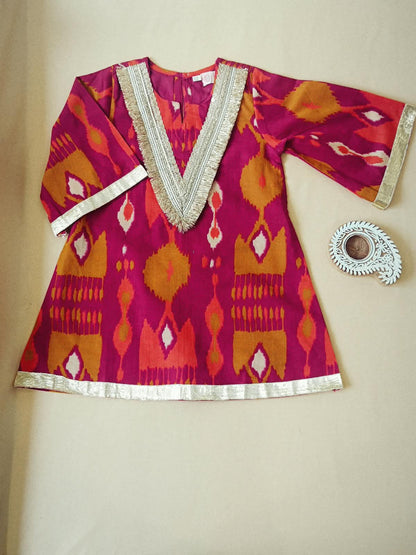 Ikkat print, Rani Pink Colored, A- Line Kurti with Farshi Salwar