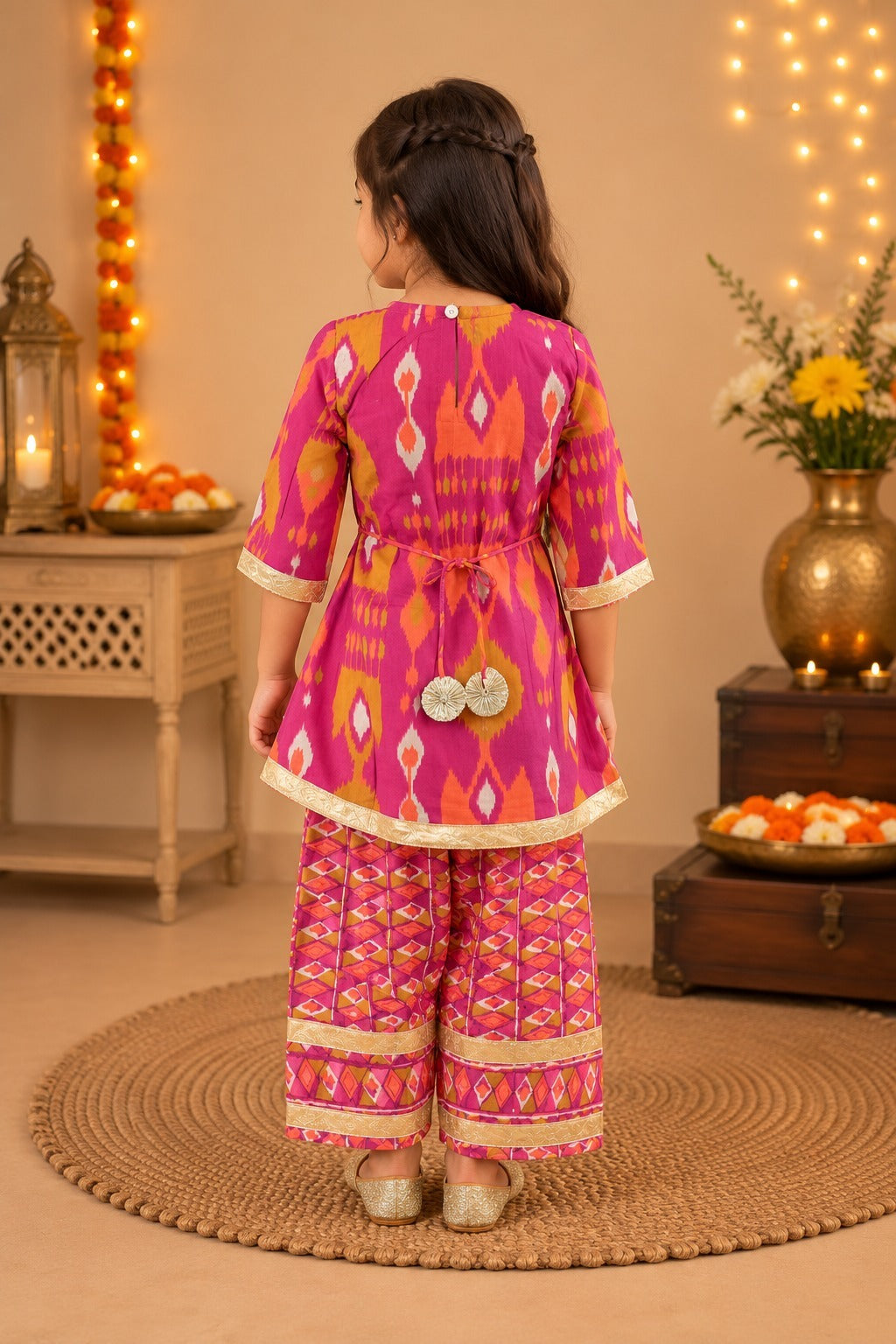 Ikkat print, Rani Pink Colored, A- Line Kurti with Farshi Salwar