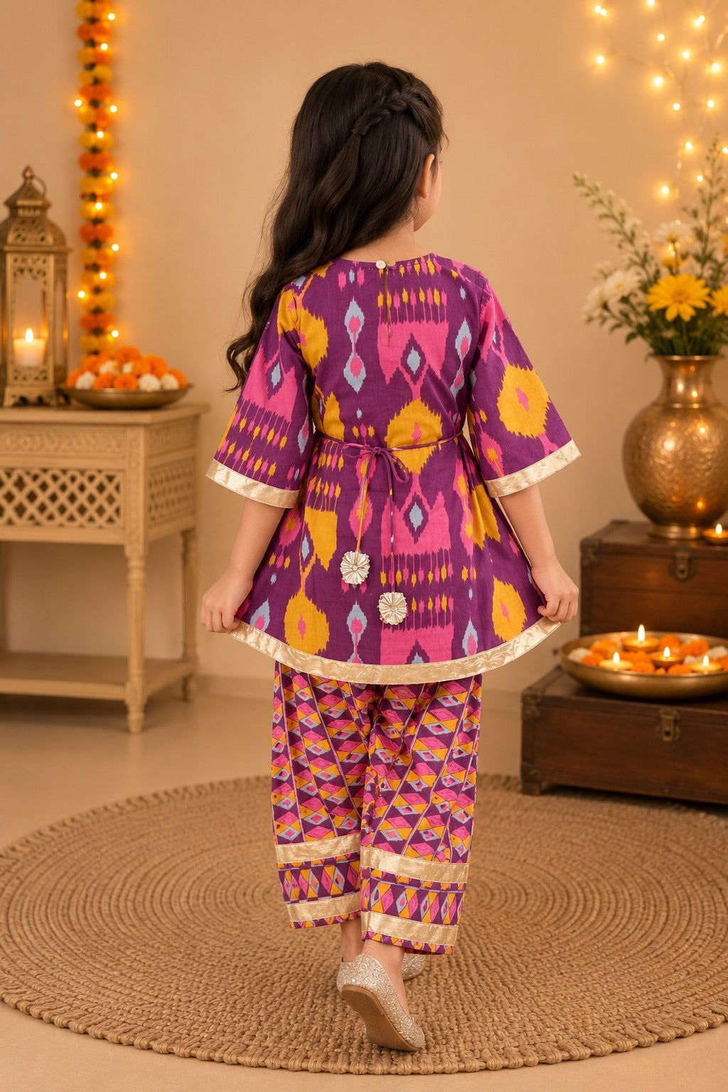 Ikkat print, Purple Colored, A- Line Kurti with Farshi Salwar
