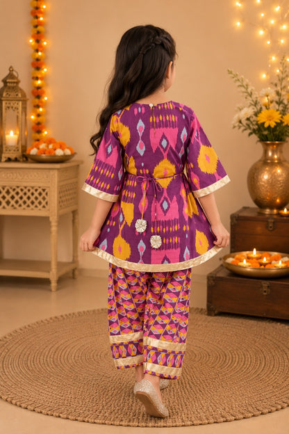 Ikkat print, Purple Colored, A- Line Kurti with Farshi Salwar