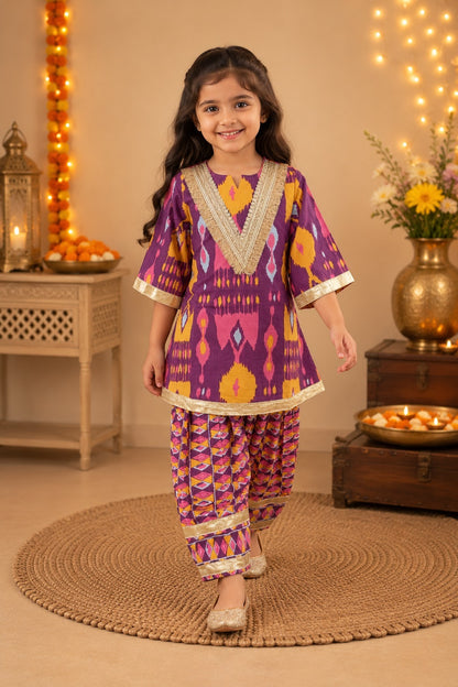 Ikkat print, Purple Colored, A- Line Kurti with Farshi Salwar