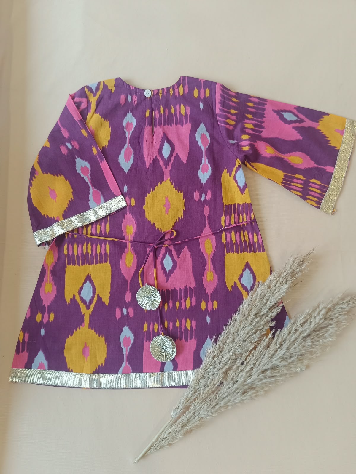 Ikkat print, Purple Colored, A- Line Kurti with Farshi Salwar