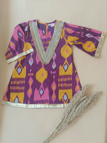 Ikkat print, Purple Colored, A- Line Kurti with Farshi Salwar