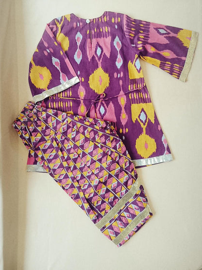 Ikkat print, Purple Colored, A- Line Kurti with Farshi Salwar