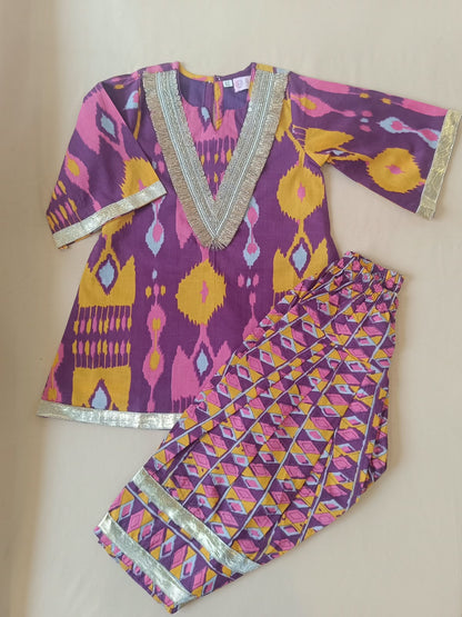 Ikkat print, Purple Colored, A- Line Kurti with Farshi Salwar