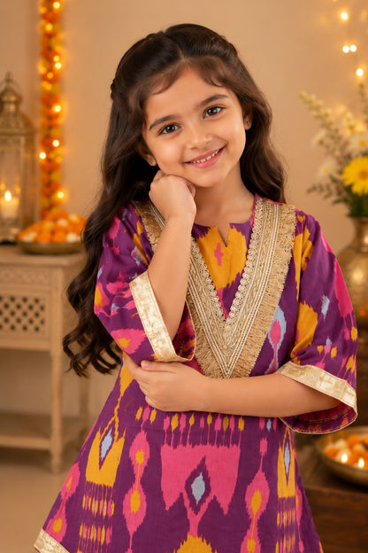 Ikkat print, Purple Colored, A- Line Kurti with Farshi Salwar