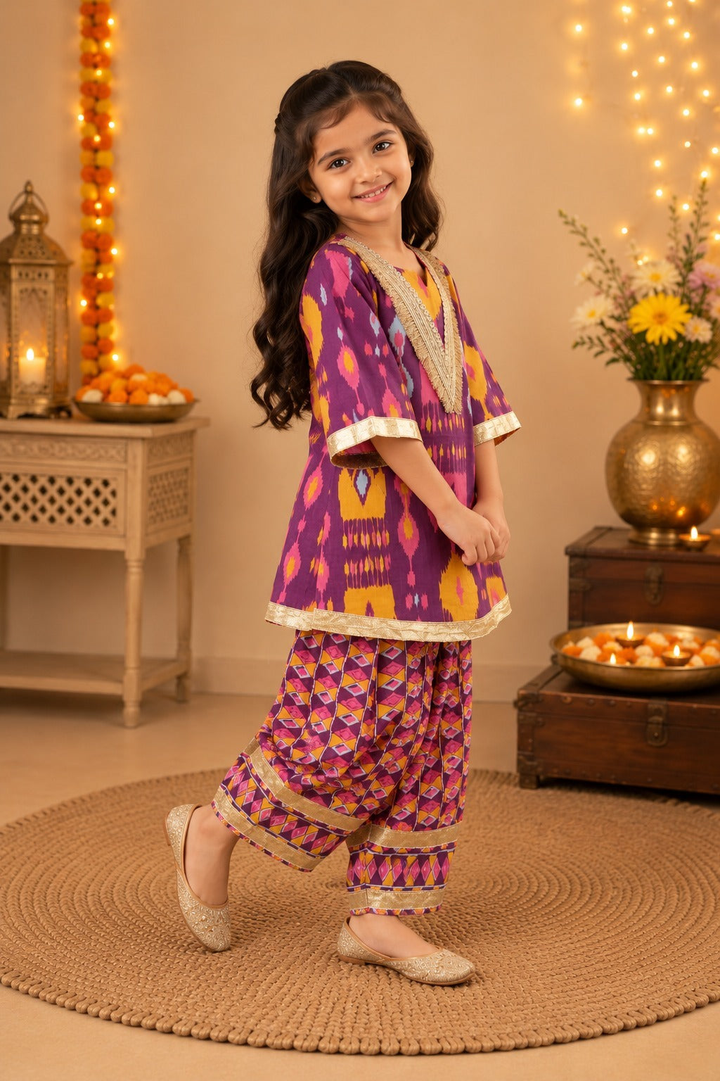 Ikkat print, Purple Colored, A- Line Kurti with Farshi Salwar